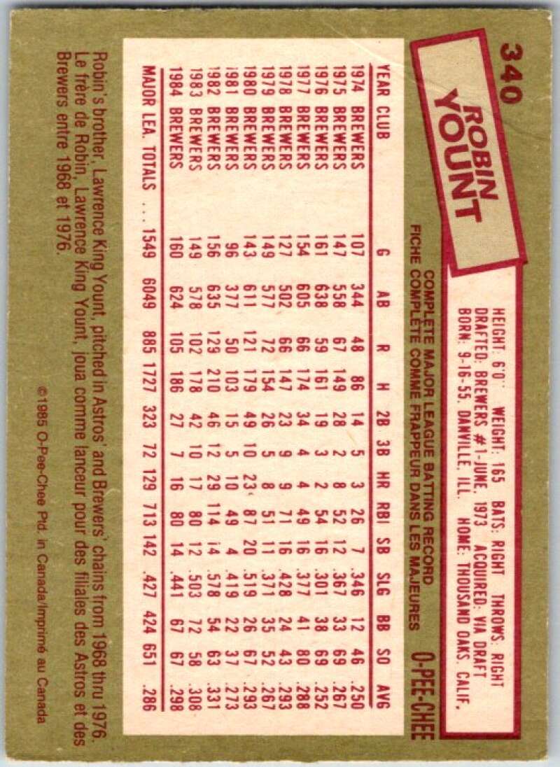 1985 O-Pee-Chee #340 Robin Yount Milwaukee Brewers V36114