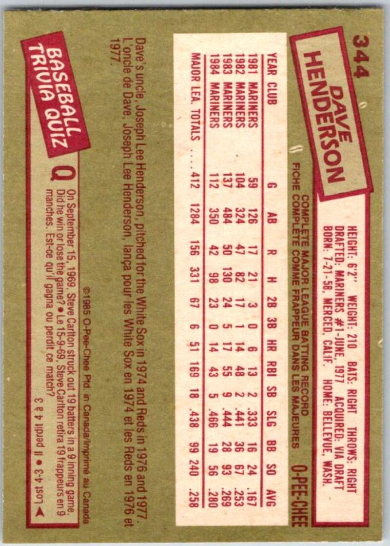 1985 O-Pee-Chee #344 Dave Henderson Seattle Mariners V36117