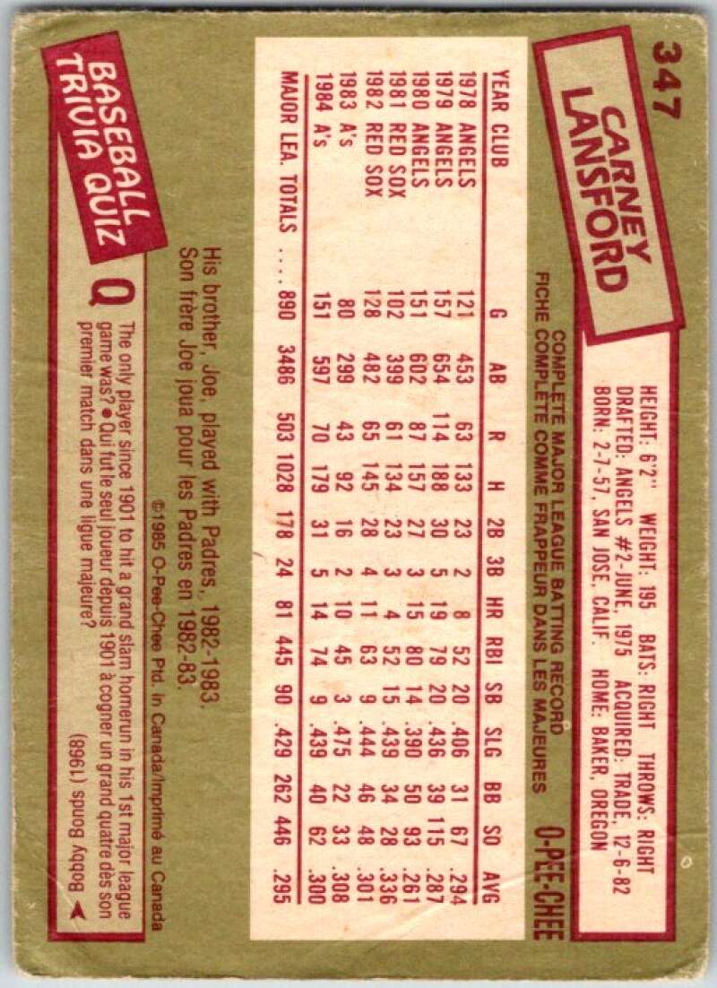 1985 O-Pee-Chee #347 Carney Lansford  Oakland Athletics  V36119