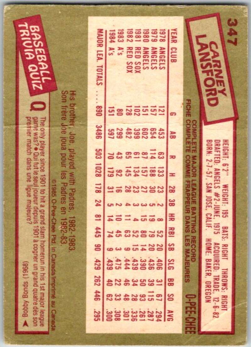 1985 O-Pee-Chee #347 Carney Lansford  Oakland Athletics  V36120