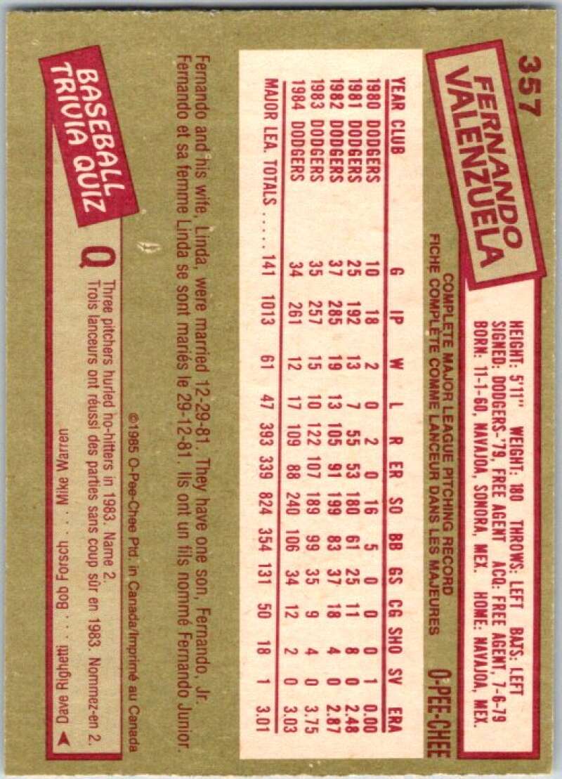 1985 O-Pee-Chee #357 Fernando Valenzuela Los Angeles Dodgers V36122