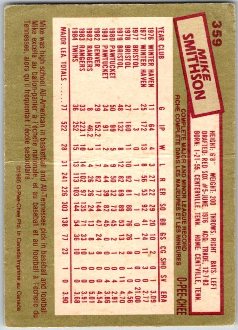 1985 O-Pee-Chee #359 Mike Smithson Minnesota Twins V36124