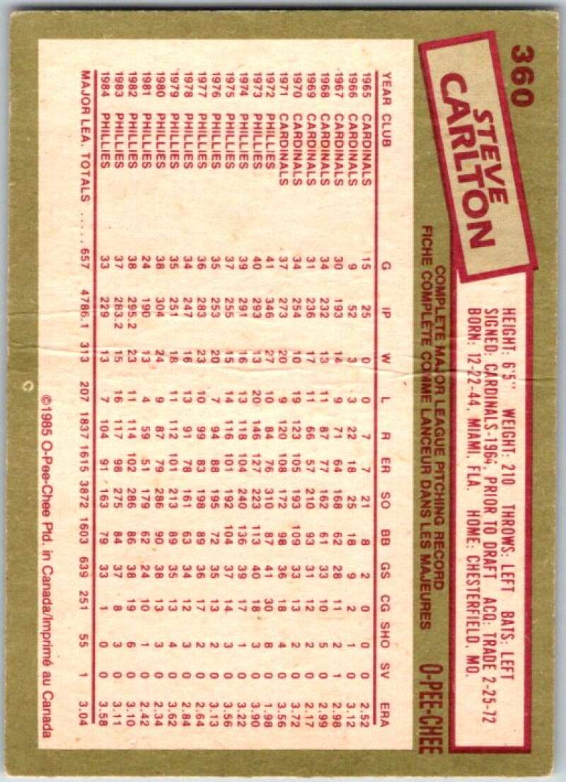 1985 O-Pee-Chee #360 Steve Carlton Philadelphia Phillies V36125