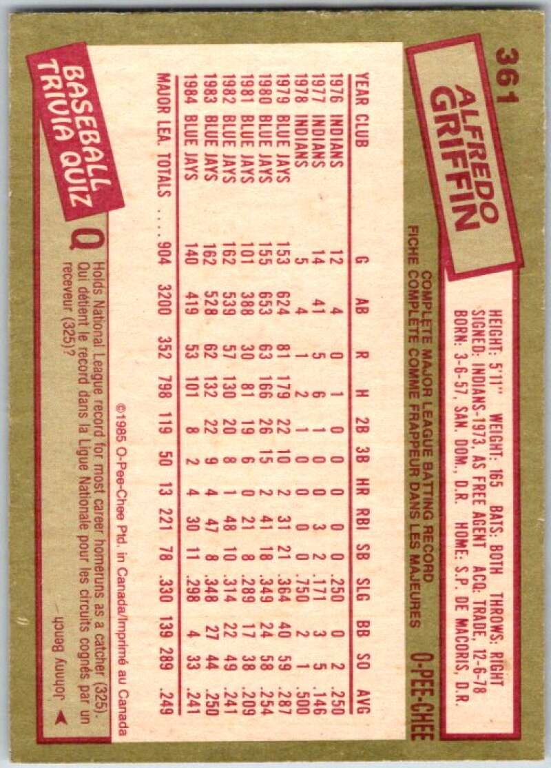 1985 O-Pee-Chee #361 Alfredo Griffin Oakland Athletics V36126