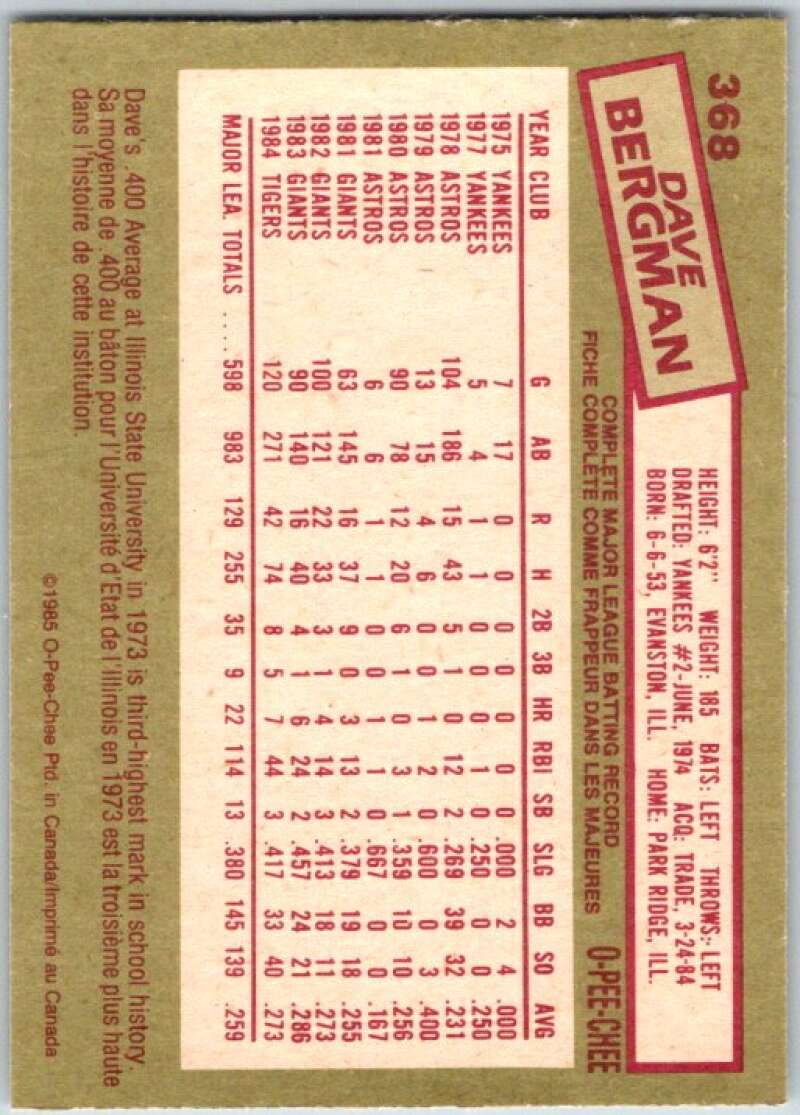 1985 O-Pee-Chee #368 Dave Bergman Detroit Tigers V36131