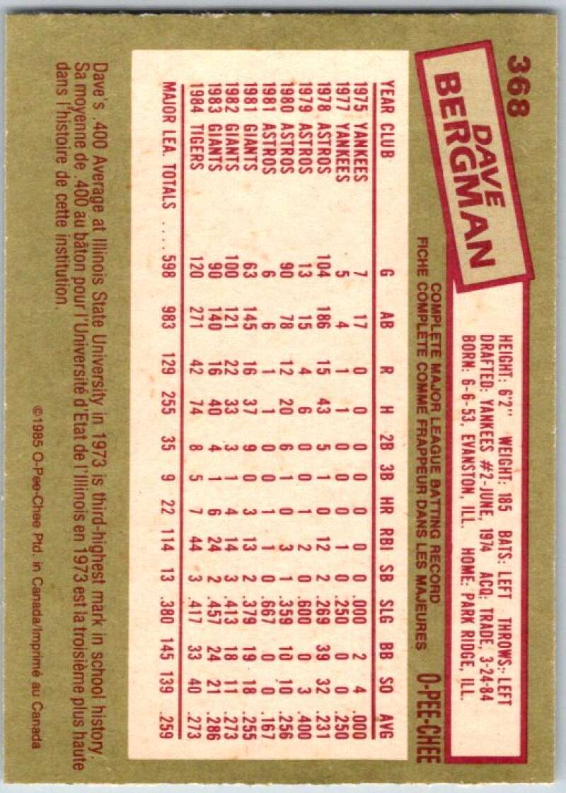 1985 O-Pee-Chee #368 Dave Bergman Detroit Tigers V36132