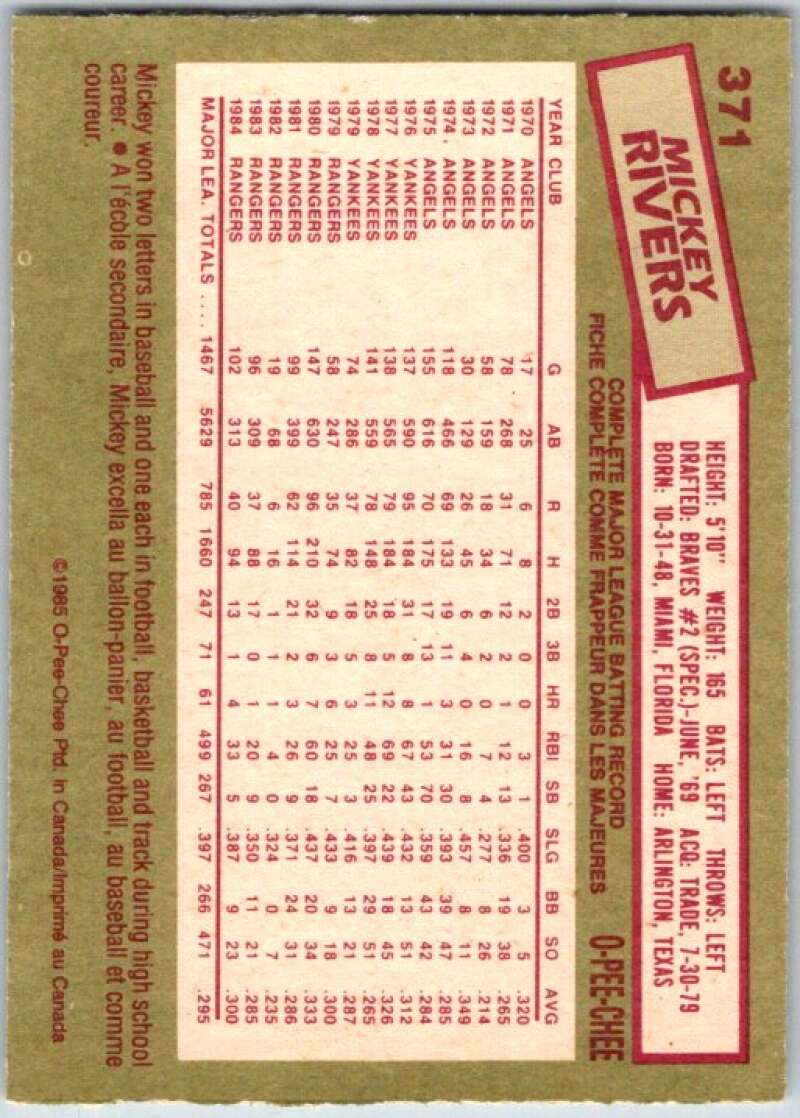 1985 O-Pee-Chee #371 Mickey Rivers Texas Rangers V36133
