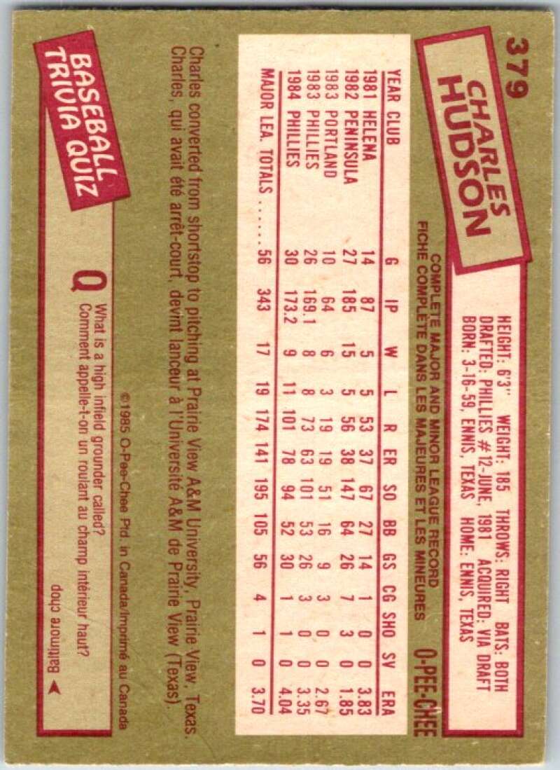 1985 O-Pee-Chee #379 Charles Hudson Philadelphia Phillies V36134