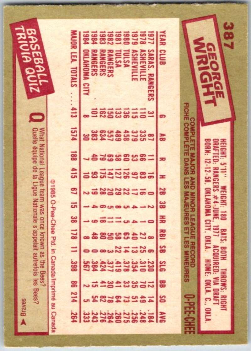 1985 O-Pee-Chee #387 George Wright Texas Rangers V36137
