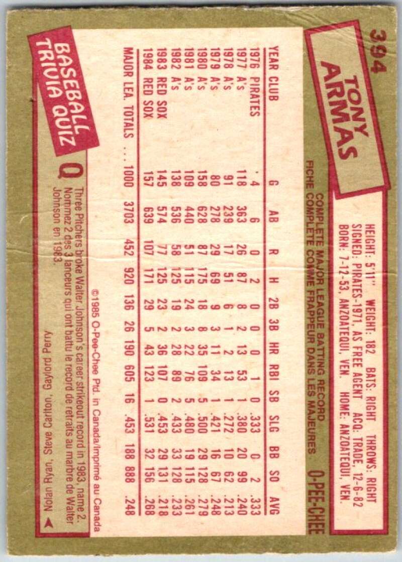 1985 O-Pee-Chee #394 Tony Armas  Boston Red Sox  V36139
