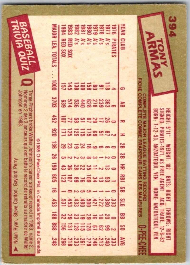 1985 O-Pee-Chee #394 Tony Armas  Boston Red Sox  V36140