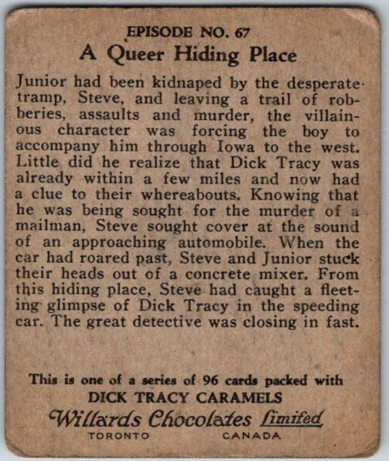 1937 Caramels Dick Tracy #67 A Queer Hiding Place V36170