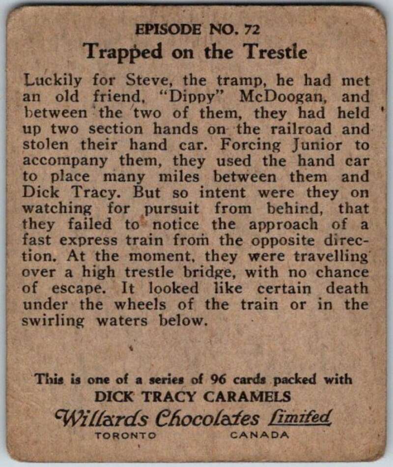 1937 Caramels Dick Tracy #72 Trapped on the Trestle V36174