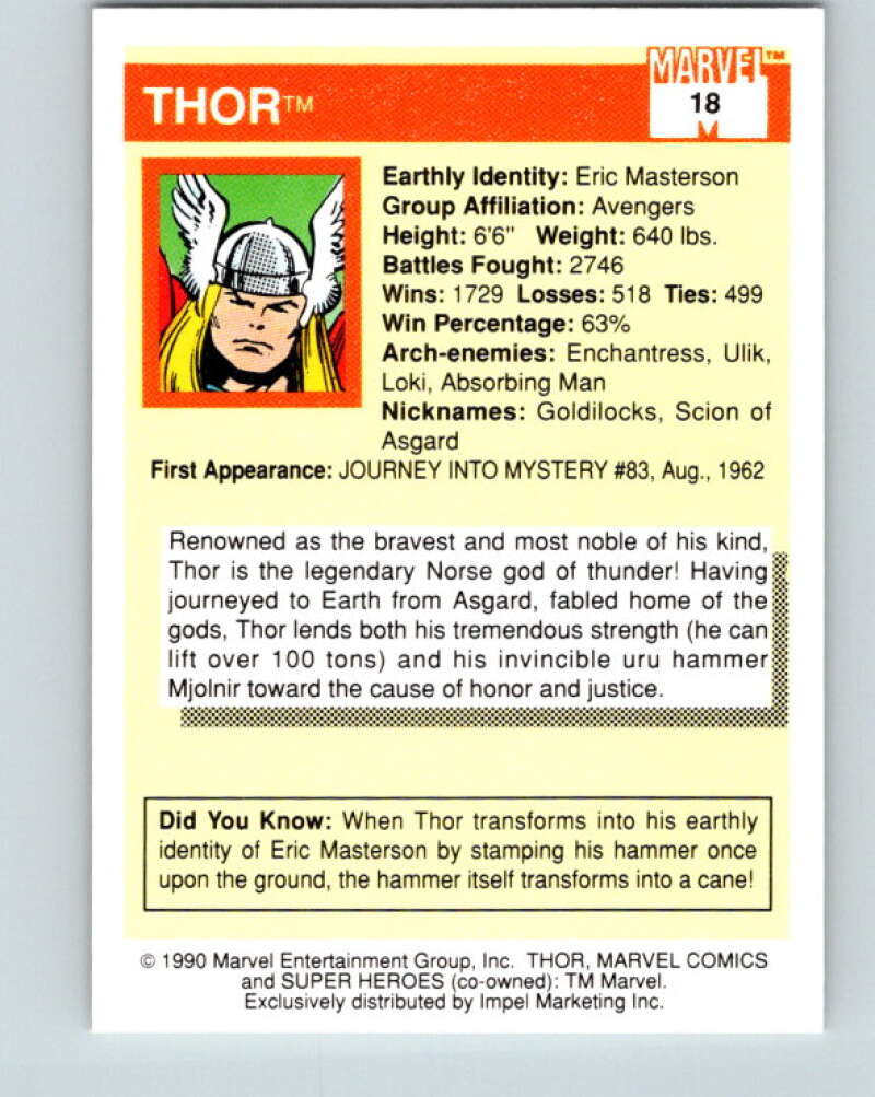 1990 Impel Marvel Universe #18 Thor V36312