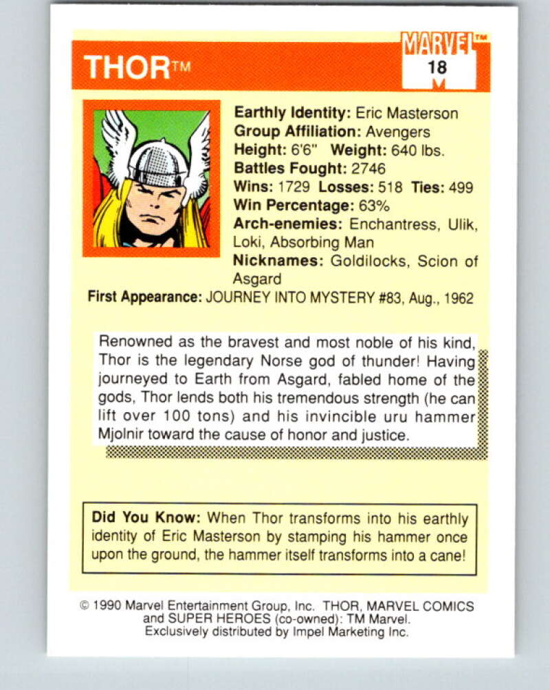 1990 Impel Marvel Universe #18 Thor V36313