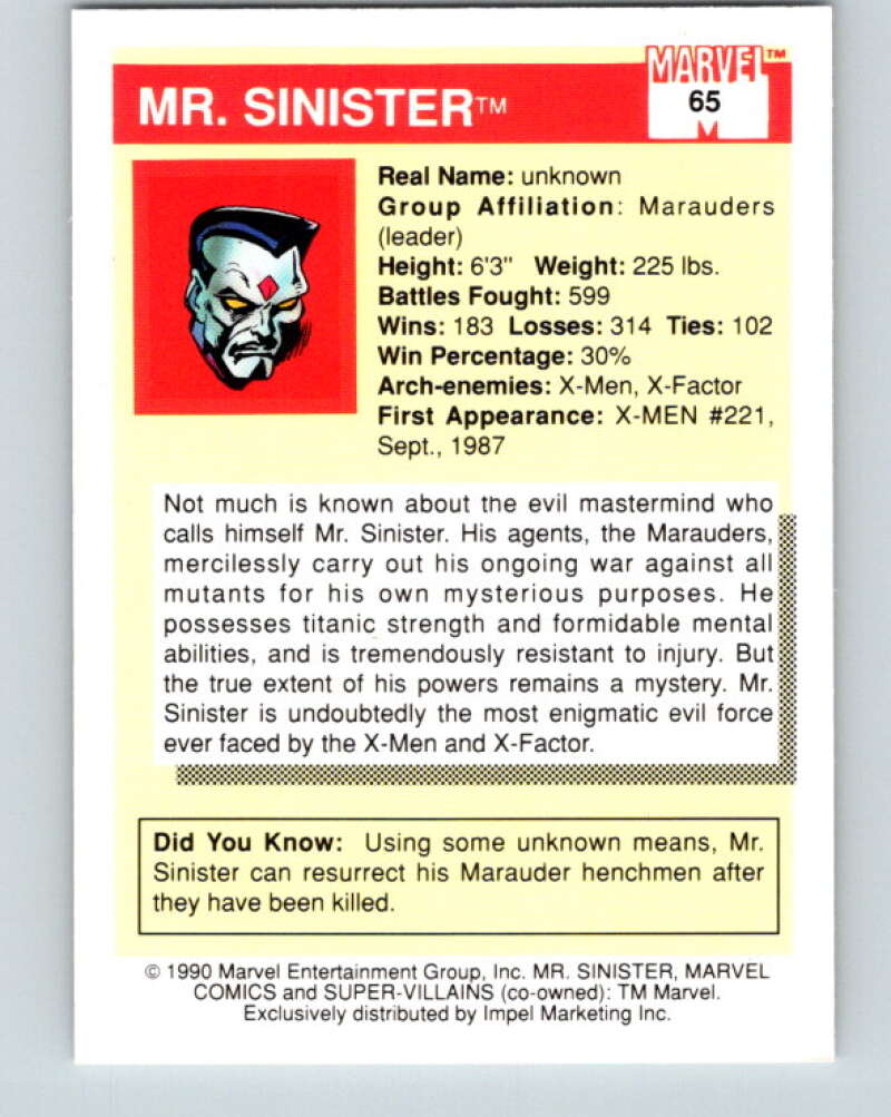 1990 Impel Marvel Universe #65 Mr. Sinister V36344