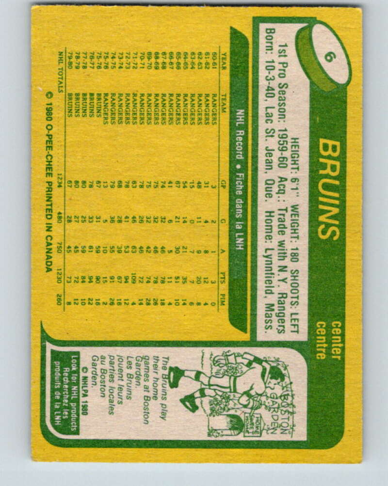 1980-81 O-Pee-Chee #6 Jean Ratelle Boston Bruins V37059