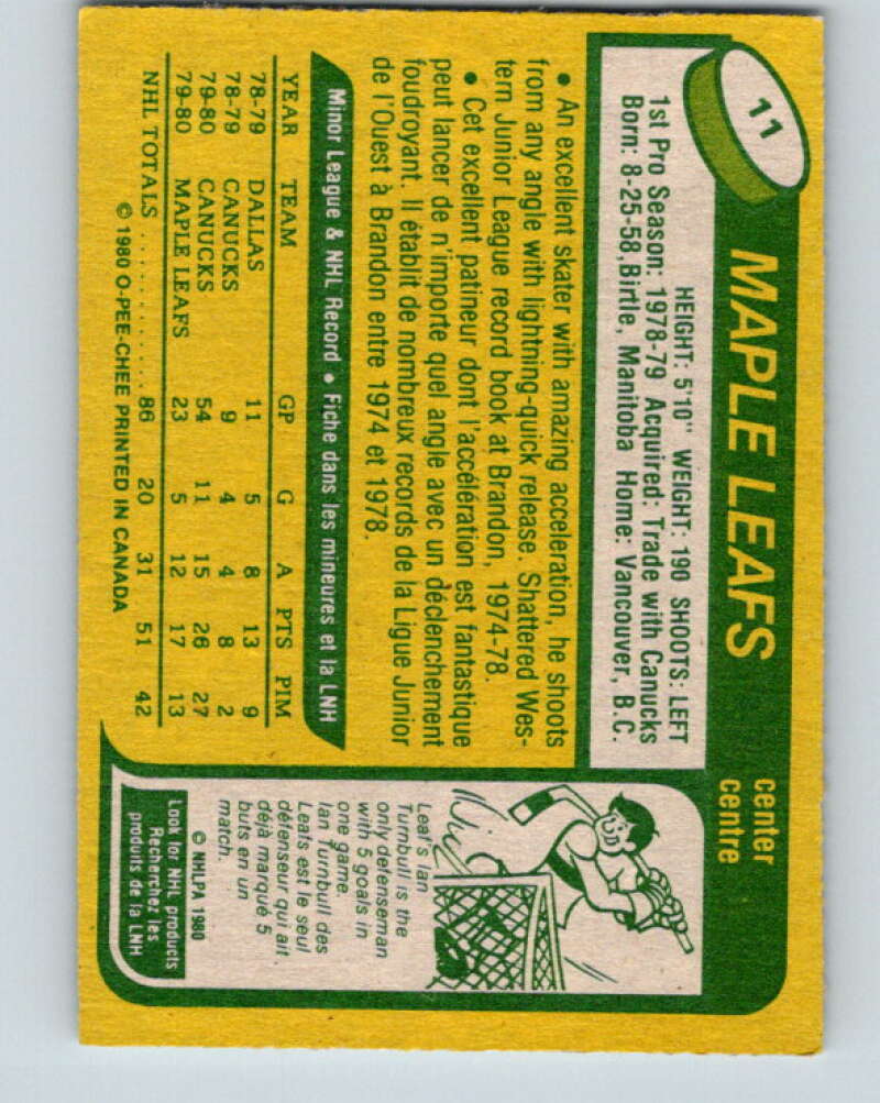 1980-81 O-Pee-Chee #11 Bill Derlago RC Rookie Toronto Maple Leafs V37112