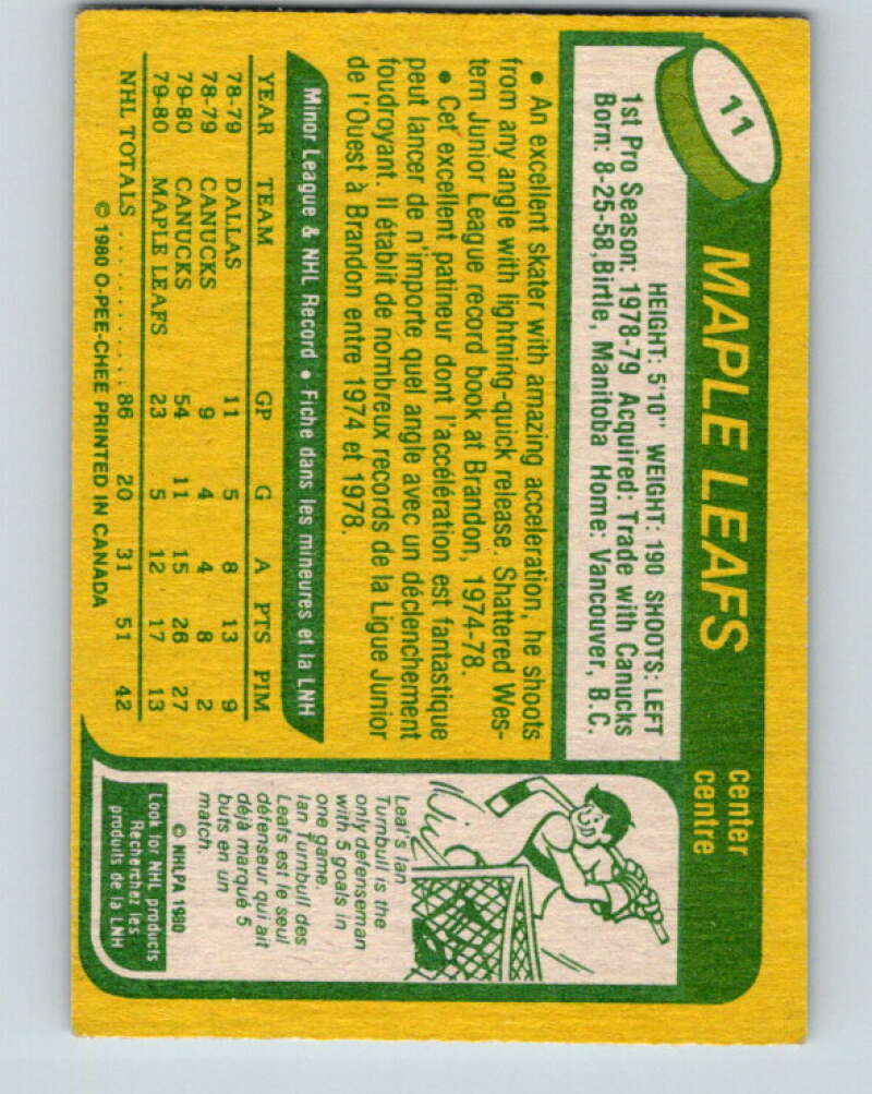1980-81 O-Pee-Chee #11 Bill Derlago RC Rookie Toronto Maple Leafs V37115