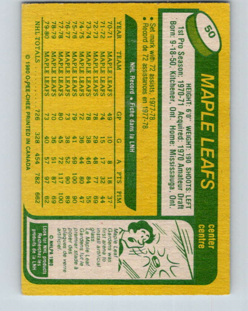 1980-81 O-Pee-Chee #50 Darryl Sittler Toronto Maple Leafs V37482