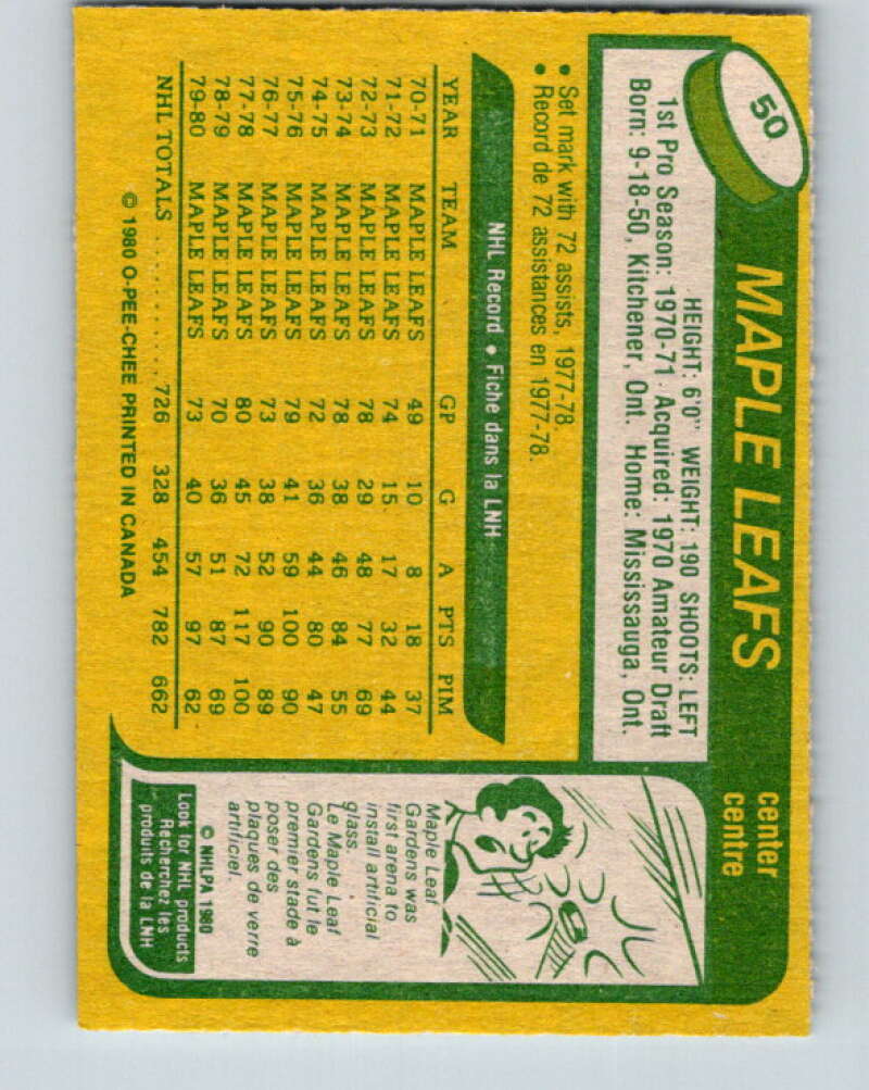 1980-81 O-Pee-Chee #50 Darryl Sittler Toronto Maple Leafs V37483