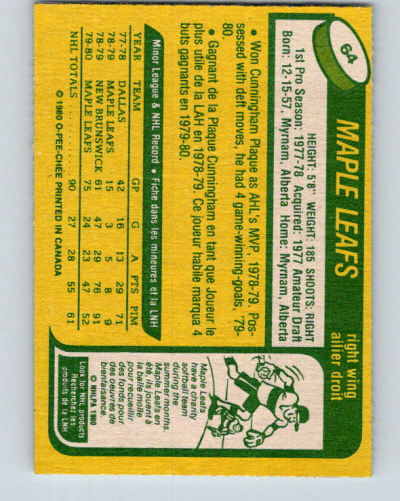 1980-81 O-Pee-Chee #64 Rocky Saganiuk RC Rookie Toronto Maple Leafs V37633