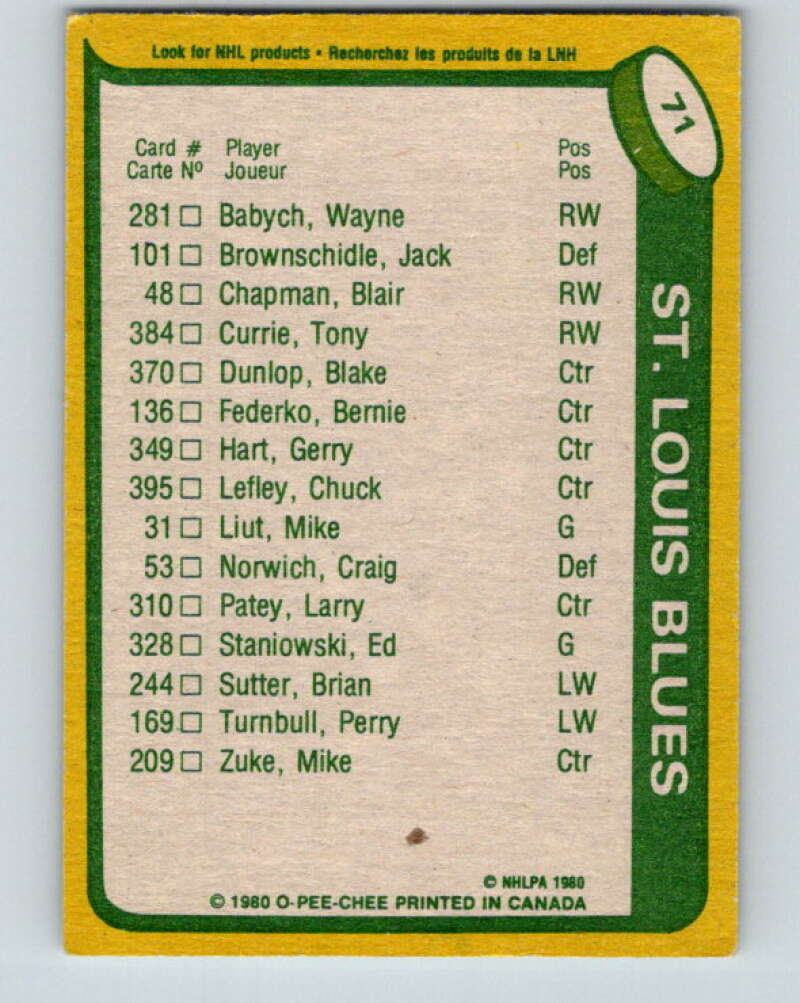1980-81 O-Pee-Chee #71 Bernie Federko TL St. Louis Blues V37682