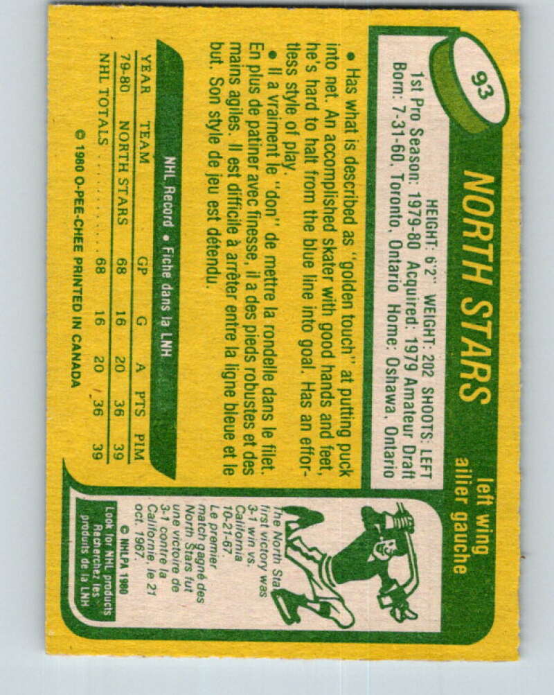 1980-81 O-Pee-Chee #93 Tom McCarthy RC Rookie Minnesota North Stars V37938