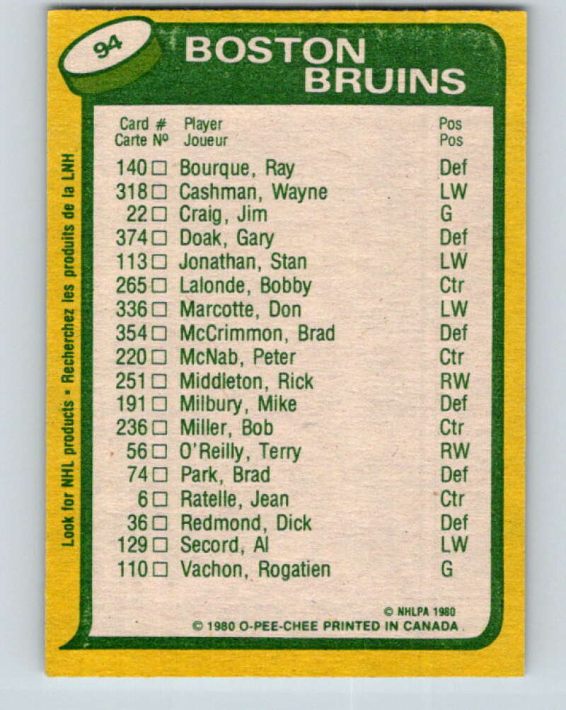1980-81 O-Pee-Chee #94 Peter McNab/Rick Middleton TL Boston Bruins V37952