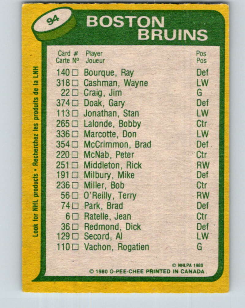 1980-81 O-Pee-Chee #94 Peter McNab/Rick Middleton TL Boston Bruins V37953