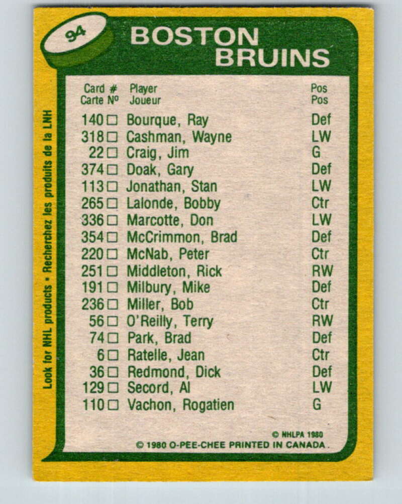 1980-81 O-Pee-Chee #94 Peter McNab/Rick Middleton TL Boston Bruins V37958