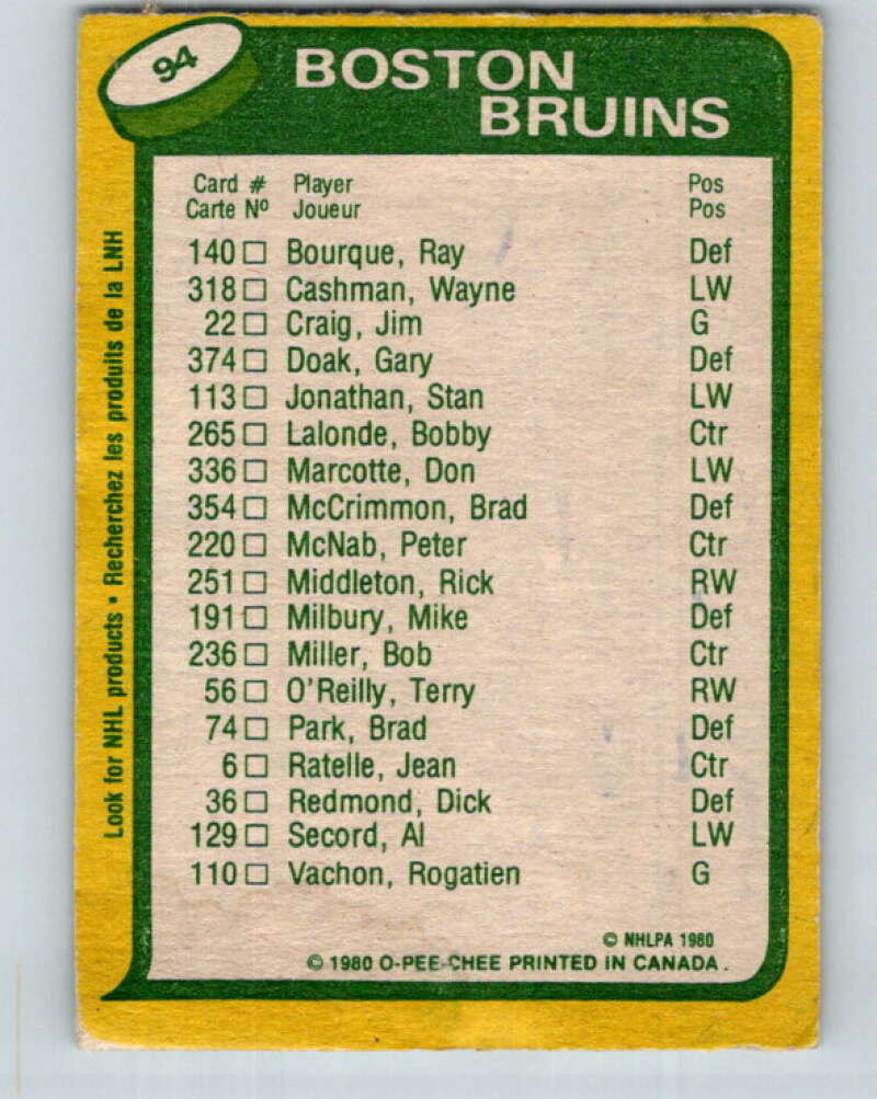 1980-81 O-Pee-Chee #94 Peter McNab/Rick Middleton TL Boston Bruins V37959