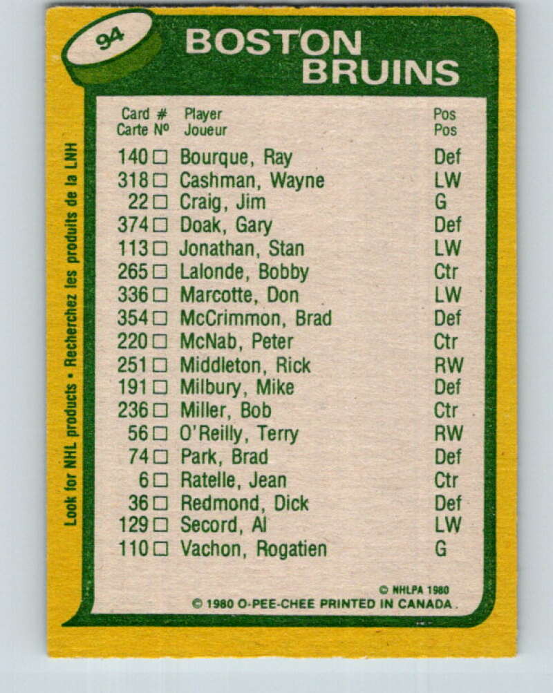 1980-81 O-Pee-Chee #94 Peter McNab/Rick Middleton TL Boston Bruins V37960
