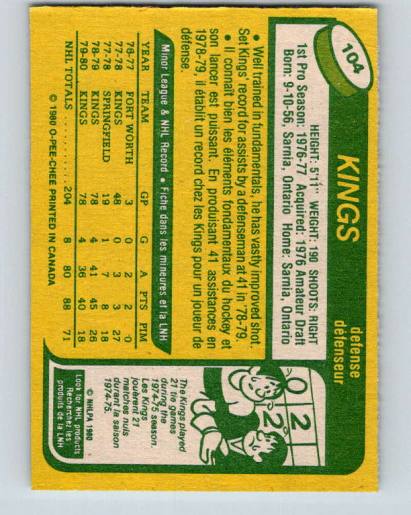 1980-81 O-Pee-Chee #104 Rob Palmer Los Angeles Kings V38066