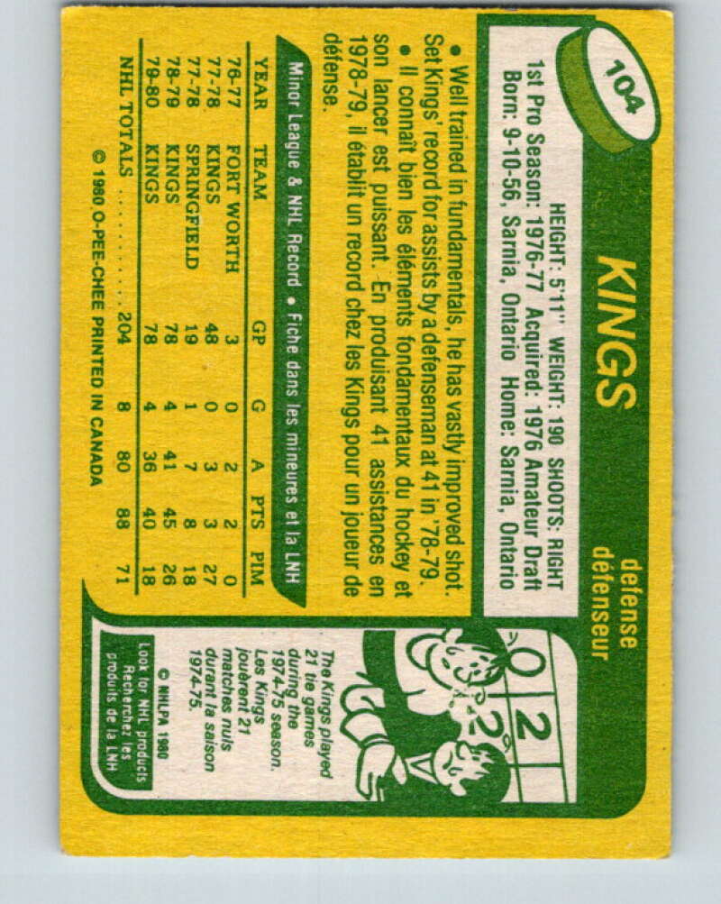 1980-81 O-Pee-Chee #104 Rob Palmer Los Angeles Kings V38068