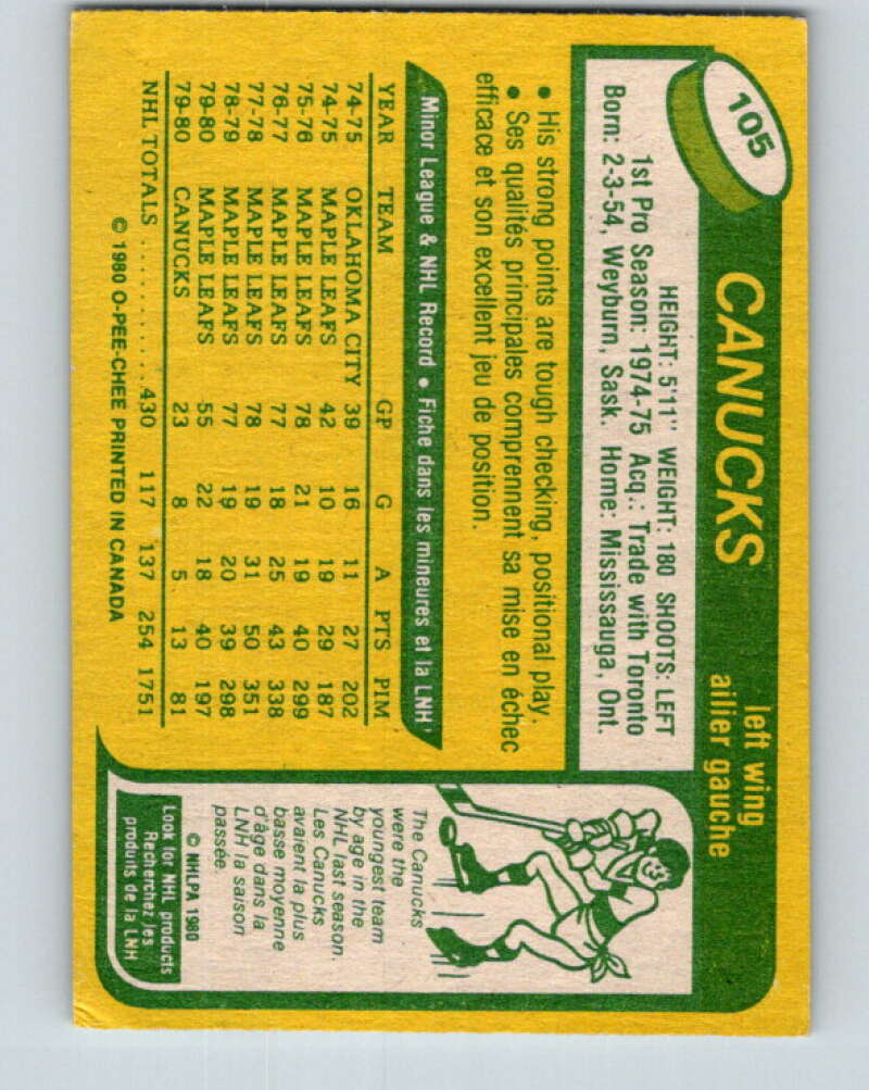 1980-81 O-Pee-Chee #105 Tiger Williams Vancouver Canucks V38072