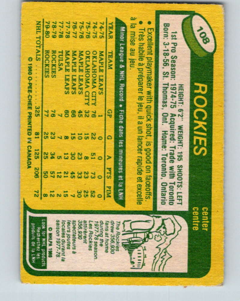 1980-81 O-Pee-Chee #108 Jack Valiquette Colorado Rockies V38100