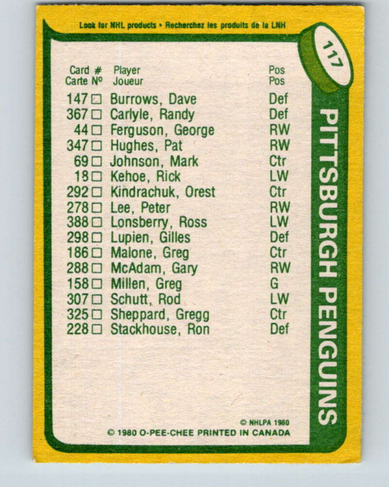 1980-81 O-Pee-Chee #117 Rick Kehoe TL Pittsburgh Penguins V38193