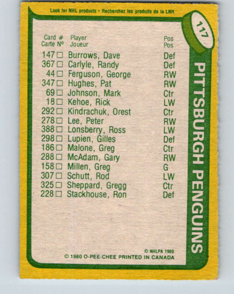 1980-81 O-Pee-Chee #117 Rick Kehoe TL Pittsburgh Penguins V38195