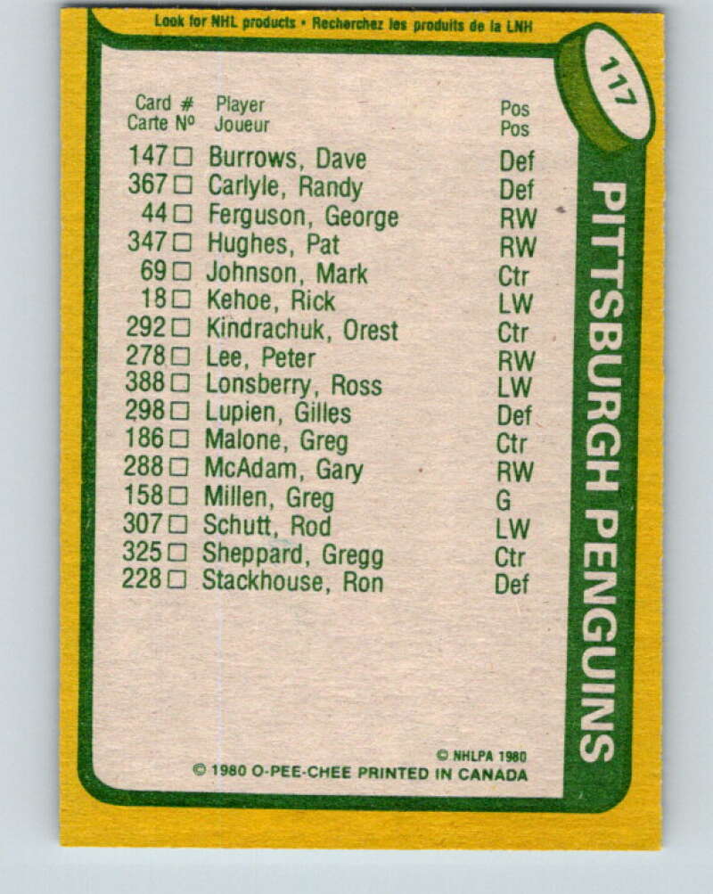 1980-81 O-Pee-Chee #117 Rick Kehoe TL Pittsburgh Penguins V38196