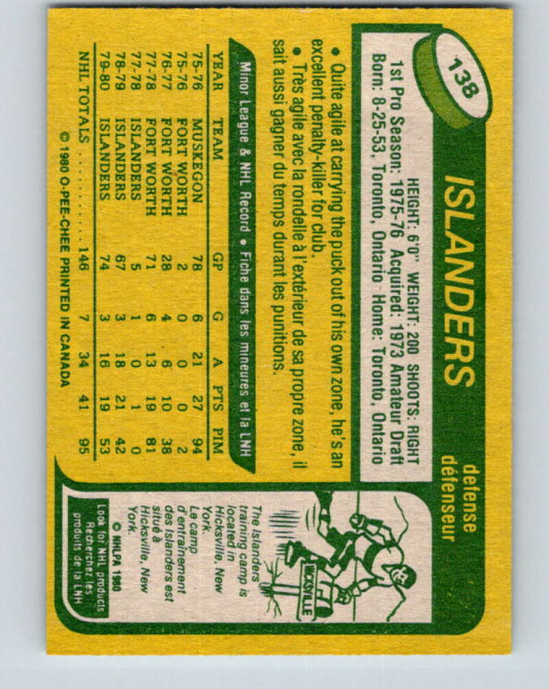 1980-81 O-Pee-Chee #138 Bob Lorimer New York Islanders V38403