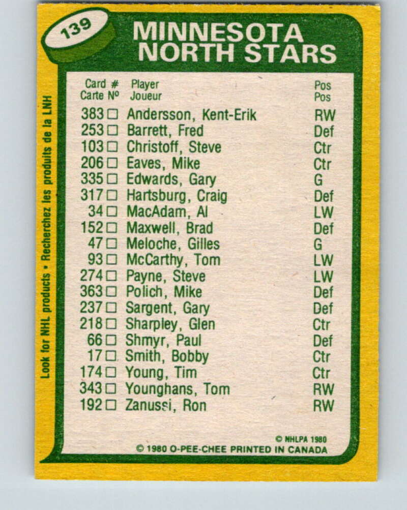 1980-81 O-Pee-Chee #139 Al MacAdam/Steve Payne TL Minnesota North Stars V38414