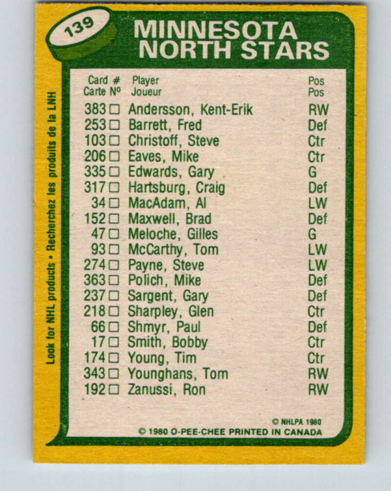 1980-81 O-Pee-Chee #139 Al MacAdam/Steve Payne TL Minnesota North Stars V38415