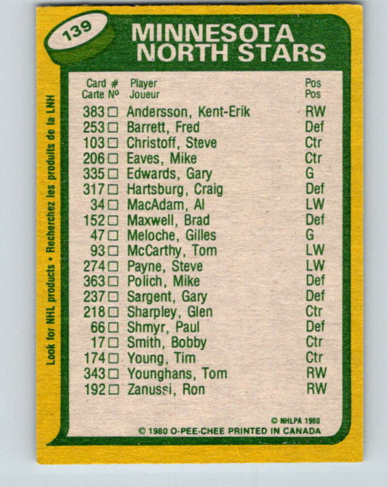 1980-81 O-Pee-Chee #139 Al MacAdam/Steve Payne TL Minnesota North Stars V38416