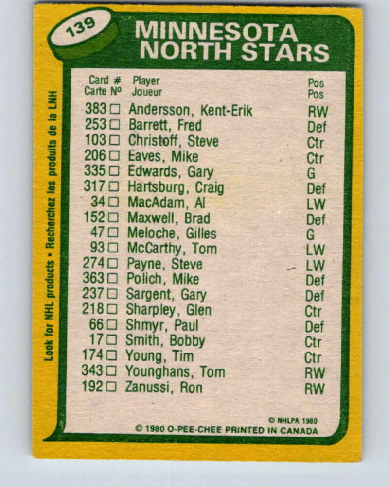 1980-81 O-Pee-Chee #139 Al MacAdam/Steve Payne TL Minnesota North Stars V38423