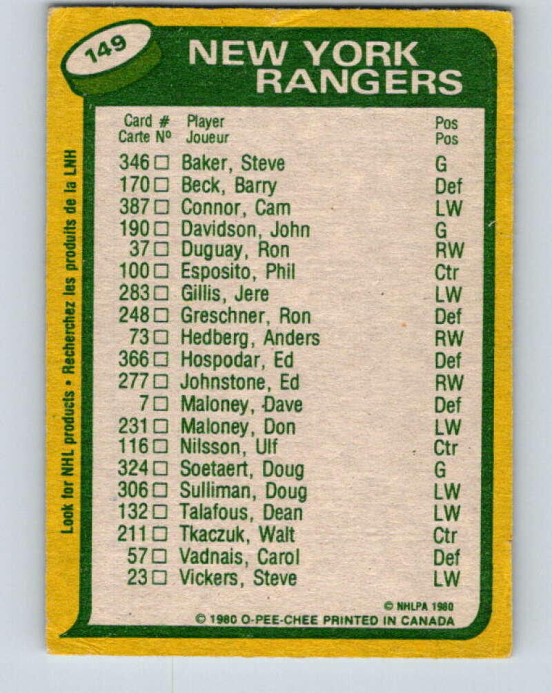 1980-81 O-Pee-Chee #149 Phil Esposito TL New York Rangers V38511