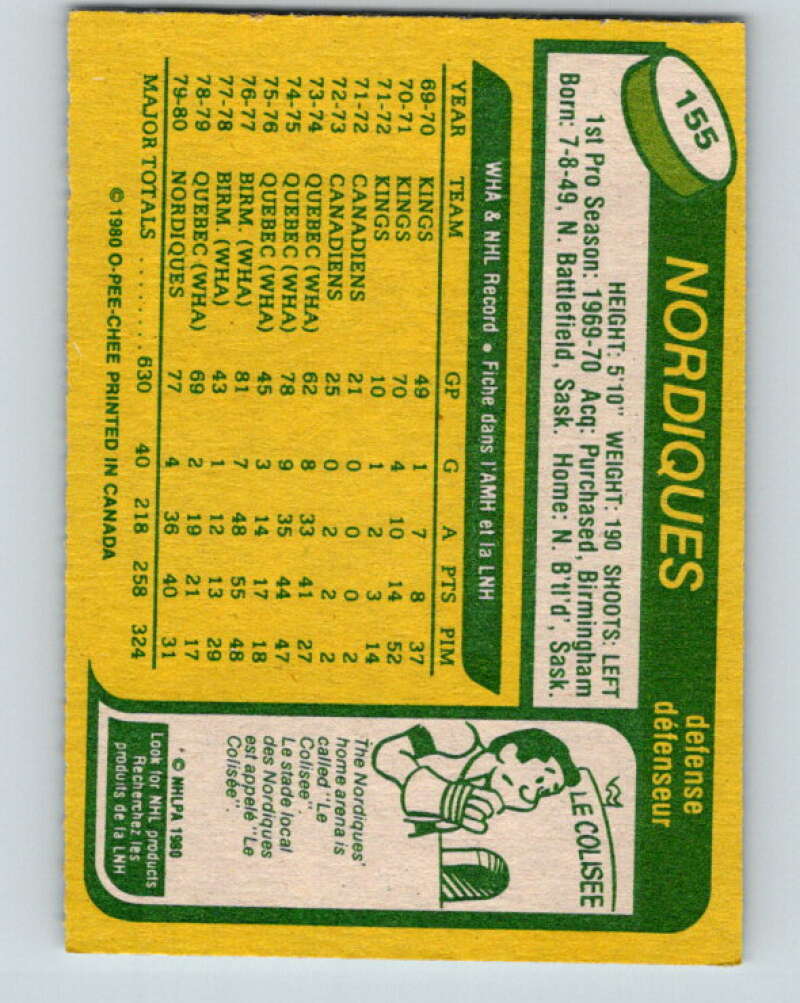 1980-81 O-Pee-Chee #155 Dale Hoganson Quebec Nordiques V38576