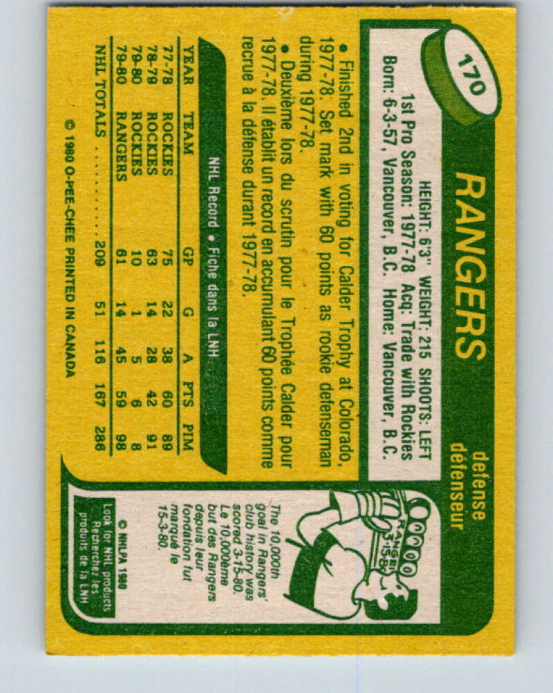 1980-81 O-Pee-Chee #170 Barry Beck New York Rangers V38705