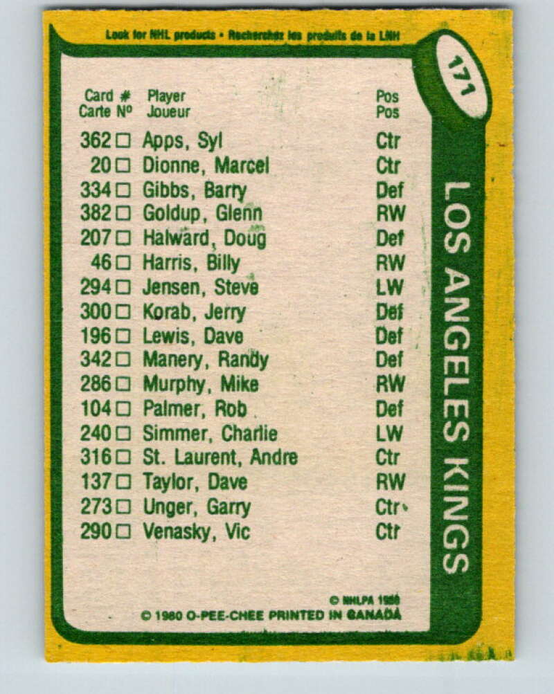1980-81 O-Pee-Chee #171 Charlie Simmer TL Los Angeles Kings V38712