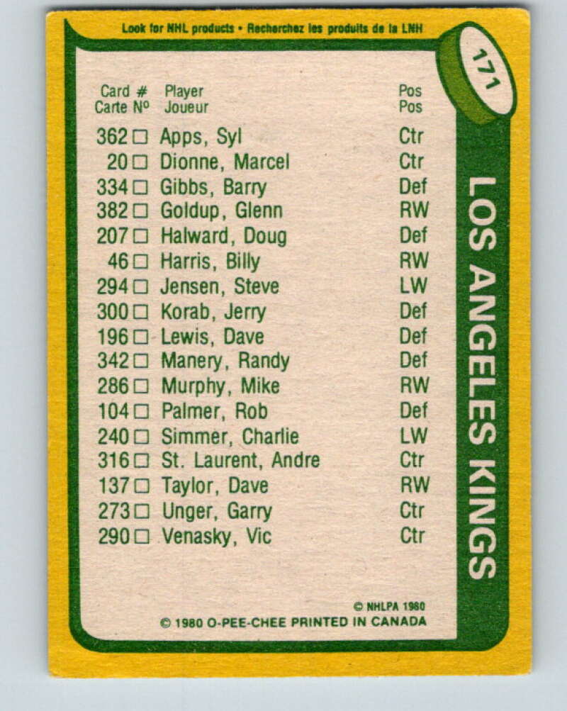 1980-81 O-Pee-Chee #171 Charlie Simmer TL Los Angeles Kings V38717
